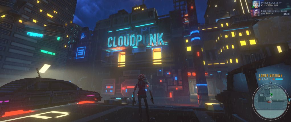 Standing outside the Cloudpunk office in game. The neon "U" is dimmed.
