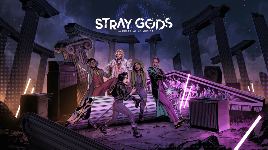Stray Gods poster showing the cast jamming at the ruined Mt Olympus