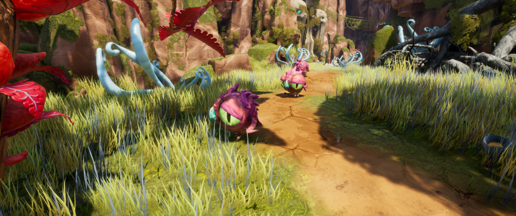 Dopey Pufferbirds hopping around their business in a lush, alien forest.